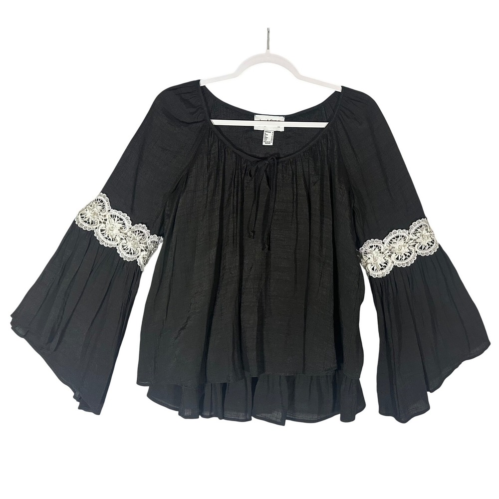 Joseph Ribkoff Lace Crochet Trim Bell Sleeve Peasant Blouse Sz 8 Tiered Hem Boho